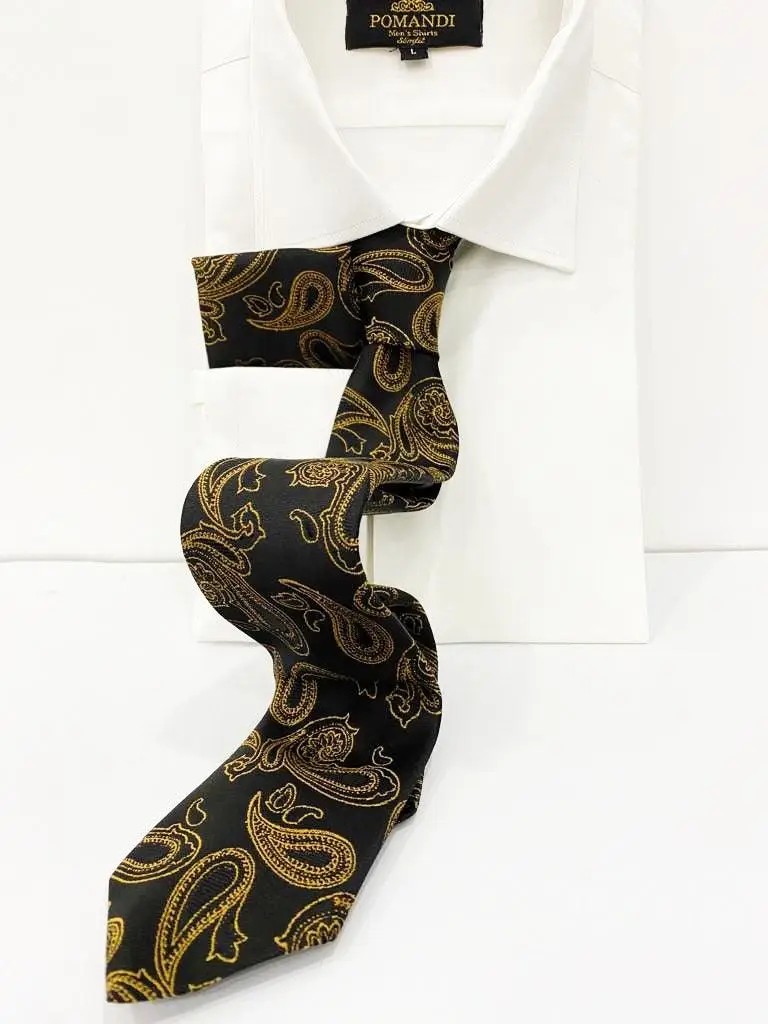 Cravate noire à motifs paisley dorés avec chemise blanche